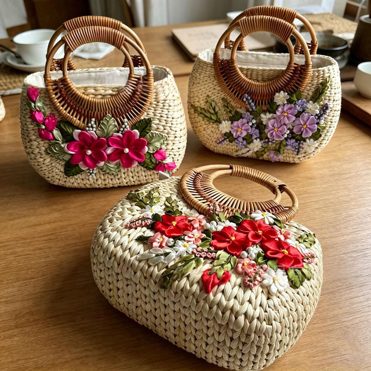 Borsa tote in paglia intrecciata per la spiaggia con manici robusti