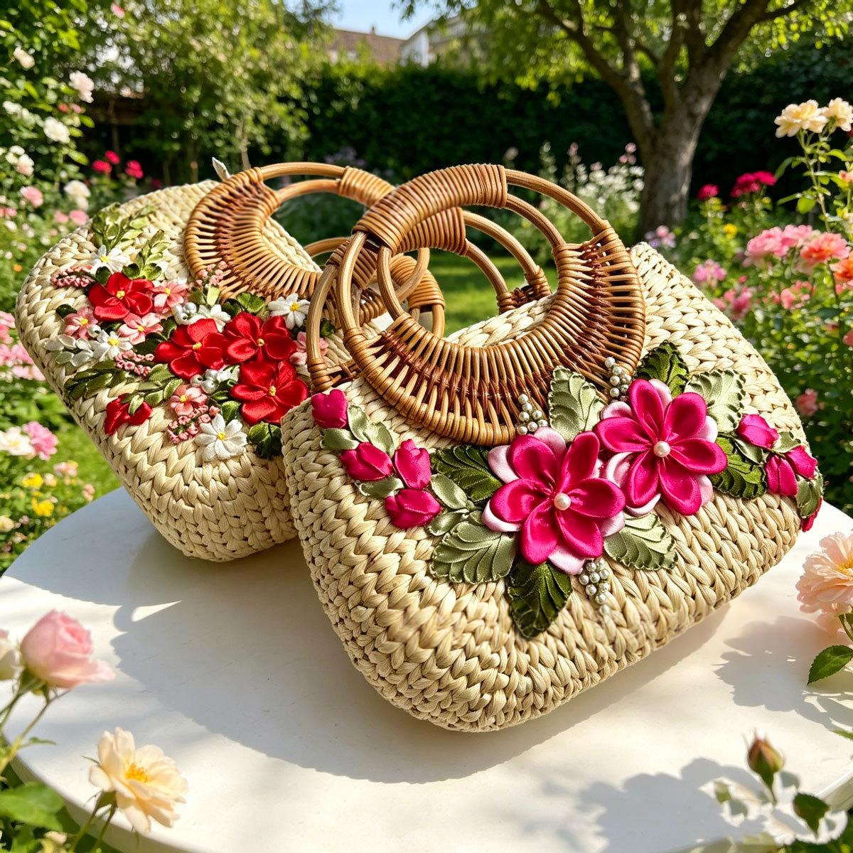 Borsa tote in paglia intrecciata per la spiaggia con manici robusti
