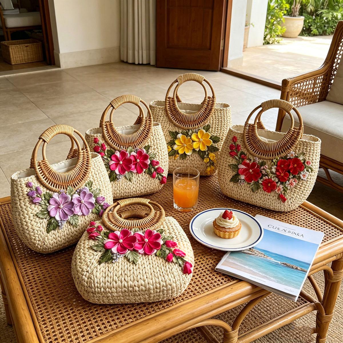 Borsa tote in paglia intrecciata per la spiaggia con manici robusti