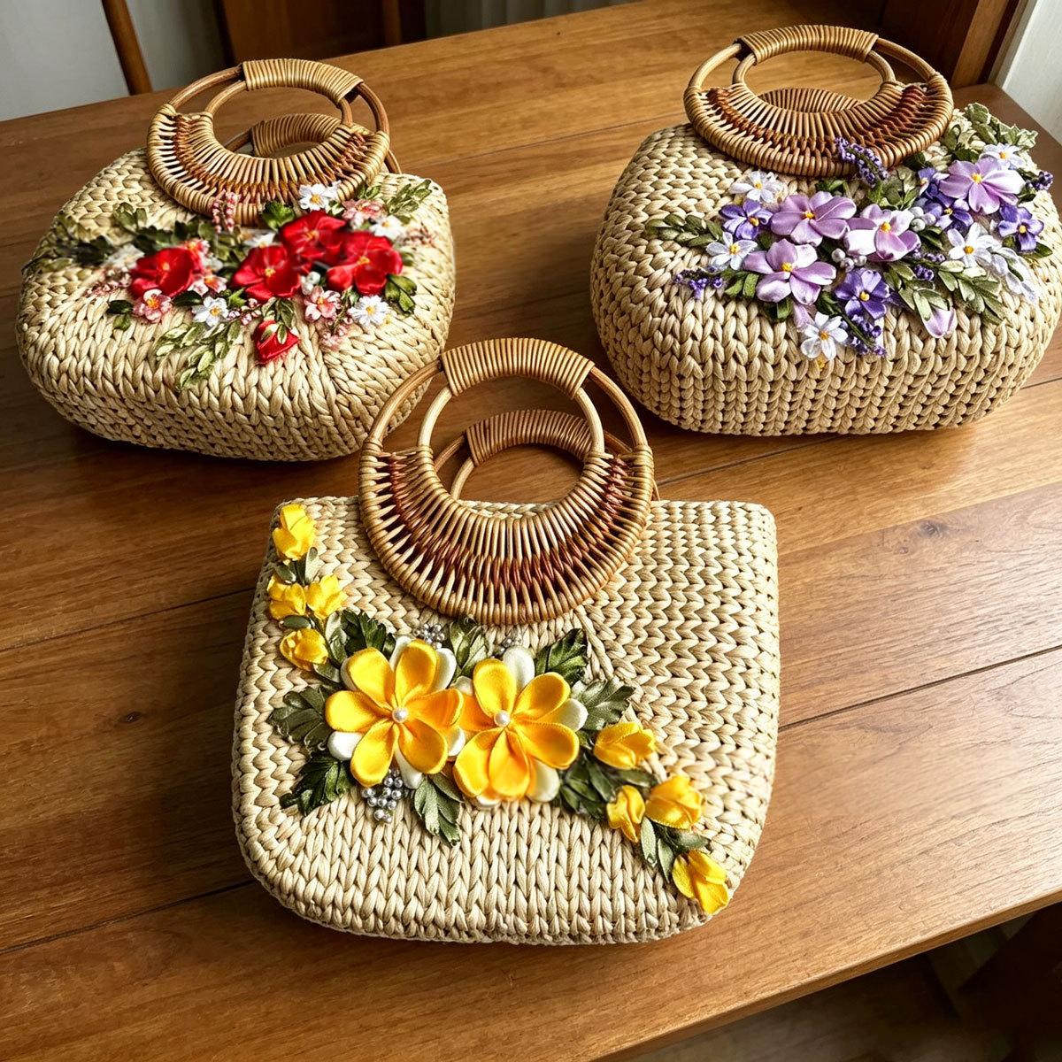 Borsa tote in paglia intrecciata per la spiaggia con manici robusti