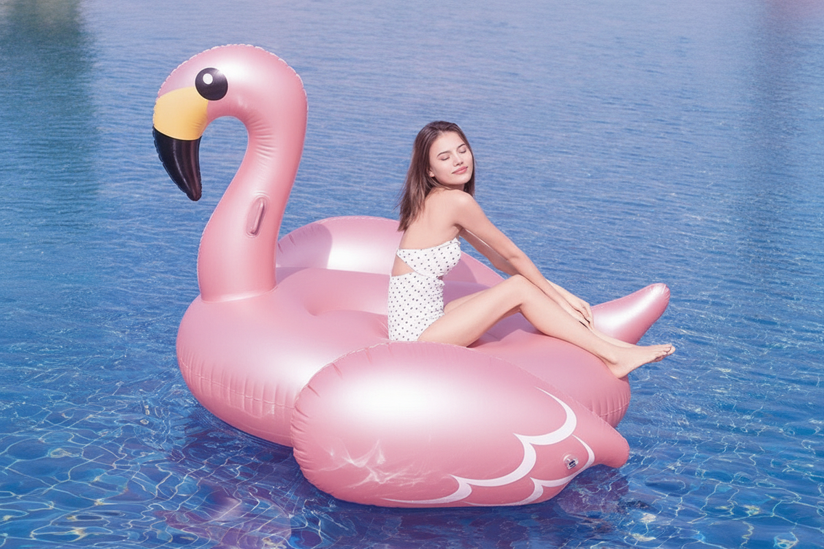 Rose Gold Flamingo Pool Float floating in a luxurious swimming pool on a sunny day, surrounded by green foliage.