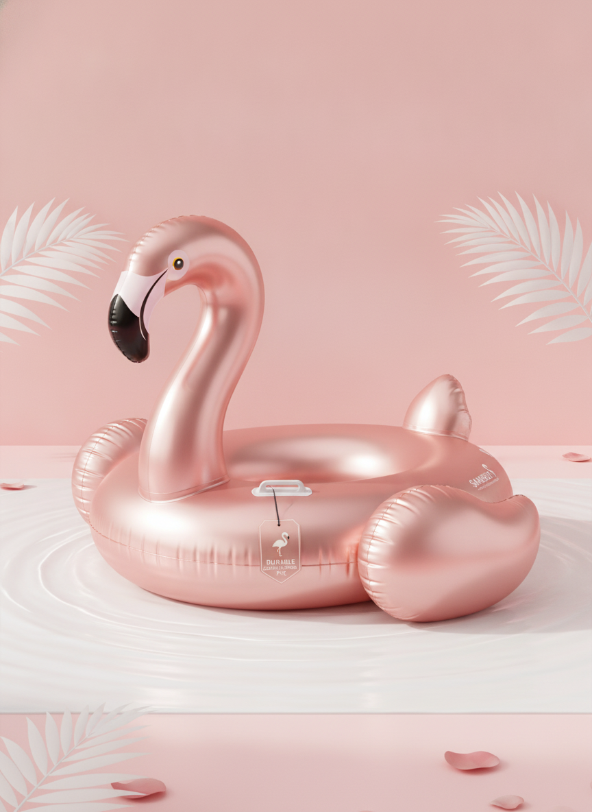 Rose Gold Flamingo Pool Float in a clean, bright setting, highlighting its durable construction and luxurious rose gold finis